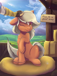 Size: 9144x12192 | Tagged: safe, artist:ardail, species:earth pony, species:human, species:pony, absurd resolution, adoption, blaze (coat marking), chest fluff, cute, dawwww, ear fluff, epona, eponadorable, female, freckles, hand, hay, hay bale, head pat, link, mare, one eye closed, pat, petting, ponified, sign, sitting, smiling, the legend of zelda, the legend of zelda: breath of the wild, tongue out, wink