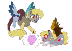 Size: 3888x2776 | Tagged: safe, artist:cubbybatdoodles, oc, oc only, oc:ding-dong, oc:twister, parent:derpy hooves, parent:discord, parents:derpcord, duo, hybrid, interspecies offspring, offspring, siblings, simple background, transparent background