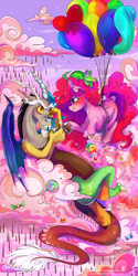 Size: 1732x3464 | Tagged: safe, artist:wilvarin-liadon, character:discord, character:gummy, character:pinkie pie, species:draconequus, species:earth pony, species:pony, balloon, chocolate, chocolate rain, cloud, female, food, mare, rain