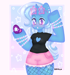 Size: 3200x3400 | Tagged: safe, artist:bunxl, character:trixie, species:anthro, species:pony, species:unicorn, boob window, clothing, cute, diatrixes, female, fishnets, heart eyes, lipstick, semi-anthro, shirt, shorts, solo, starry eyes, sunglasses, wingding eyes