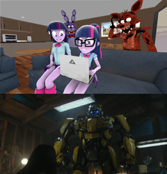 Size: 1920x2004 | Tagged: safe, artist:optimussparkle, character:twilight sparkle, character:twilight sparkle (scitwi), species:eqg human, my little pony:equestria girls, 2018, 3d, bonnie, bumblebee, bumblebee (movie), computer, crossover, five nights at freddy's, foxy, laptop computer, source filmmaker, transformers, twolight