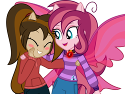 Size: 656x494 | Tagged: safe, artist:mlp-trailgrazer, oc, oc only, oc:contralto, oc:cupcake slash, my little pony:equestria girls, blushing, clothing, cute, equestria girls-ified, eyes closed, female, gem, happy, open mouth, pants, ponied up, simple background, siren gem, smiling, transparent background, wings