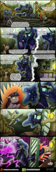 Size: 1200x3651 | Tagged: safe, artist:bonaxor, character:discord, character:lord tirek, character:princess luna, character:queen chrysalis, character:twilight sparkle, character:twilight sparkle (alicorn), oc, oc:prince rigel, oc:princess dream, species:alicorn, species:bat pony, species:pony, comic:journey to the lunar republic, bandage, chaos pope, chaos star, comic, fireplace, magic, mitre, punch, suggestive series