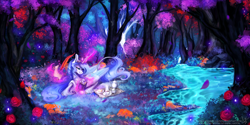 Size: 3464x1732 | Tagged: safe, artist:wilvarin-liadon, oc, oc only, oc:iridae, species:alicorn, species:pony, alicorn oc, beautiful, color porn, cup, digital art, eyestrain warning, female, flower, food, forest, mare, quill, reading, river, rose, scenery, scenery porn, scroll, signature, solo, stream, tea, teacup, writing