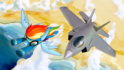 Size: 1920x1080 | Tagged: safe, artist:dori-to, character:rainbow dash, species:pegasus, species:pony, g4, aircraft, clothing, f-35, female, flying, goggles, jet, jet fighter, mare, plane, solo, uniform, wonderbolts uniform