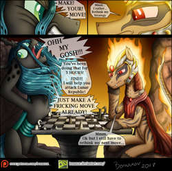 Size: 1200x1193 | Tagged: safe, artist:bonaxor, character:queen chrysalis, oc, oc:infernox, comic:lunar republic stories, angry, chess, comic, derp, dialogue, female, fire pony, male
