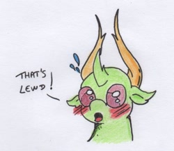 Size: 670x580 | Tagged: safe, artist:kuroneko, derpibooru original, character:thorax, species:changeling, species:reformed changeling, blushing, bust, colored pencil drawing, lewd, male, portrait, simple background, solo, speech, traditional art, white background