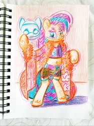 Size: 2654x3540 | Tagged: safe, artist:shoeunit, oc, oc only, oc:shoelace, species:earth pony, species:pony, asuka, belly button, clothing, colored pencil drawing, cosplay, costume, female, mare, mask, semi-anthro, solo, sports, traditional art, wrestling, wwe