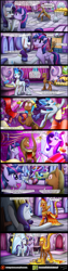 Size: 1200x4793 | Tagged: safe, artist:bonaxor, character:opalescence, character:rarity, character:twilight sparkle, character:twilight sparkle (alicorn), oc, oc:firespite, species:alicorn, species:pony, comic:the greater flame, clothing, comic, didn't think this through, dress, fabric, fire, fire pony, magic, questionable series, scissors