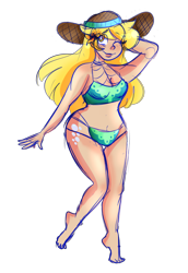 Size: 2776x4032 | Tagged: safe, artist:cubbybatdoodles, character:derpy hooves, species:human, g4, bikini, clothing, colored sketch, cutie mark on human, ditzy doo, female, hat, humanized, one eye closed, simple background, sketch, solo, sun hat, swimsuit, transparent background