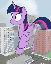 Size: 1330x1672 | Tagged: safe, artist:rapidstrike, character:twilight sparkle, character:twilight sparkle (alicorn), species:alicorn, species:human, species:pony, butt bump, destruction, female, giant pony, loss (meme), macro, mega twilight sparkle, oops, people, raised hoof, solo, tight fit, we couldn't fit it all in, whoops