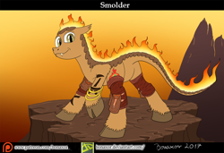 Size: 1200x819 | Tagged: safe, artist:bonaxor, oc, oc:smolder, fire, fire pony, leather, solo, volcano