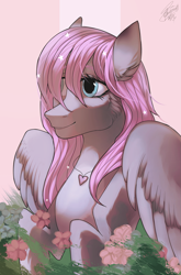 Size: 2193x3327 | Tagged: safe, artist:orfartina, oc, oc only, species:pegasus, species:pony, female, flower, hair over one eye, mare, smiling, solo