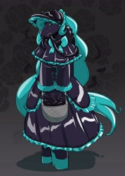 Size: 2088x2928 | Tagged: safe, artist:helixjack, oc, oc only, oc:teef, species:anthro, species:earth pony, species:pony, basket, clothing, dress, earth pony oc, flower, gas mask, high heels, latex, latex dress, mask, post-transformation, rose, rubber drone, shoes