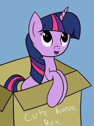 Size: 1668x2224 | Tagged: safe, artist:joey, character:twilight sparkle, species:pony, species:unicorn, blank flank, blue background, box, cardboard box, cute, female, filly, leaning, looking up, simple background, solo, twiabetes, younger