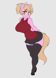 Size: 1950x2700 | Tagged: no source, safe, artist:skecchiart, oc, oc only, oc:reppy, species:anthro, species:earth pony, species:pony, anthro oc, bow, clothing, condom, cute, female, high heels, looking at you, miniskirt, moe, ocbetes, pleated skirt, ponytail, shoes, skirt, socks, solo, thigh highs, thighs, zettai ryouiki