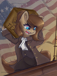 Size: 6096x8128 | Tagged: safe, artist:ardail, oc, oc only, oc:mocha latte, species:earth pony, species:pony, 4th of july, absurd resolution, boston tea party, clothing, female, flag, food, holiday, murica, open mouth, ship, solo, tea, united states