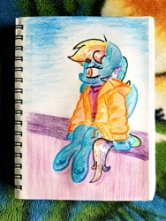 Size: 2797x3729 | Tagged: safe, artist:shoeunit, character:rainbow dash, species:pegasus, species:pony, clothing, coat, colored pencil drawing, female, mare, sitting, sketchbook, solo, traditional art
