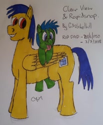 Size: 1075x1300 | Tagged: safe, artist:rapidsnap, oc, oc only, oc:clear view, oc:rapidsnap, species:pegasus, species:pony, blep, colt, father and son, male, silly, tongue out, traditional art