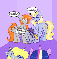 Size: 1280x1310 | Tagged: safe, artist:cubbybatdoodles, character:crackle pop, character:derpy hooves, character:twilight sparkle, oc, species:alicorn, species:earth pony, species:pegasus, species:pony, brother and sister, colt, dialogue, female, food, implied lesbian, implied shipping, male, mare, mother and daughter, mother and son, orange, orange box, siblings, sisters