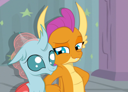 Size: 1936x1400 | Tagged: safe, artist:squipycheetah, character:ocellus, character:smolder, species:changeling, species:dragon, species:reformed changeling, ship:smolcellus, season 8, spoiler:s08, bedroom eyes, cute, diaocelles, female, folded wings, happy, lesbian, nudge, nudging, school of friendship, shipping, smiling, smolderbetes