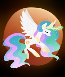 Size: 1280x1510 | Tagged: safe, artist:otterlore, character:princess celestia, species:alicorn, species:pony, eclipse, eyes closed, female, flying, lunar eclipse, mare, solo