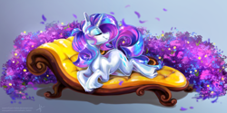 Size: 3464x1732 | Tagged: safe, artist:wilvarin-liadon, character:rarity, species:pony, species:unicorn, cute, eyelashes, eyes closed, fainting couch, female, flower, lying on bed, mare, petals, pose, profile, prone, raribetes, smiling, smirk, smug, sofa bed, solo, unshorn fetlocks
