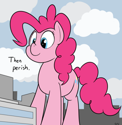 Size: 1150x1173 | Tagged: safe, artist:rapidstrike, character:pinkie pie, species:earth pony, species:pony, city, dialogue, female, giant pony, imminent death, looking down, macro, smiling, solo, then perish, this will end in death, this will not end well