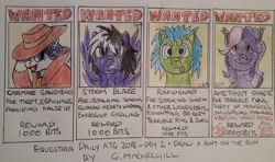 Size: 1043x619 | Tagged: safe, artist:rapidsnap, character:rarity, oc, oc:amethyst shade, oc:rapidsnap, oc:stormblaze, carmen sandiego, tongue out, traditional art, wanted poster