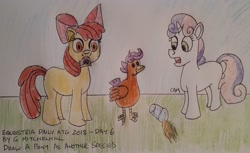 Size: 1823x1117 | Tagged: safe, artist:rapidsnap, character:apple bloom, character:scootaloo, character:sweetie belle, species:bird, species:chicken, species:pegasus, species:pony, newbie artist training grounds, atg 2018, potion, scootachicken, shocked, species swap, traditional art, transformation