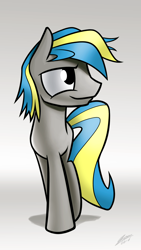 Size: 1080x1920 | Tagged: safe, artist:dori-to, oc, oc:fizzygreen, species:pony, blue, commission, equine, gray, gray coat, looking sideways, male, simple background, smiling, smug, solo, stallion, walking, yellow