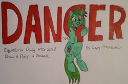 Size: 1610x1065 | Tagged: safe, artist:rapidsnap, oc, oc only, oc:flyzone, newbie artist training grounds, atg 2018, danger, hanging, literal, solo, traditional art
