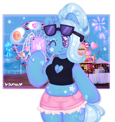 Size: 3400x3600 | Tagged: safe, artist:bunxl, character:trixie, species:anthro, species:pony, species:unguligrade anthro, species:unicorn, arm hooves, belly button, breasts, chubby, cleavage window, clothing, emoji, female, ferris wheel, fireworks, heart, heart eyes, mare, midriff, muffin top, phone, shorts, simple background, solo, starry eyes, sunglasses, transparent background, wingding eyes