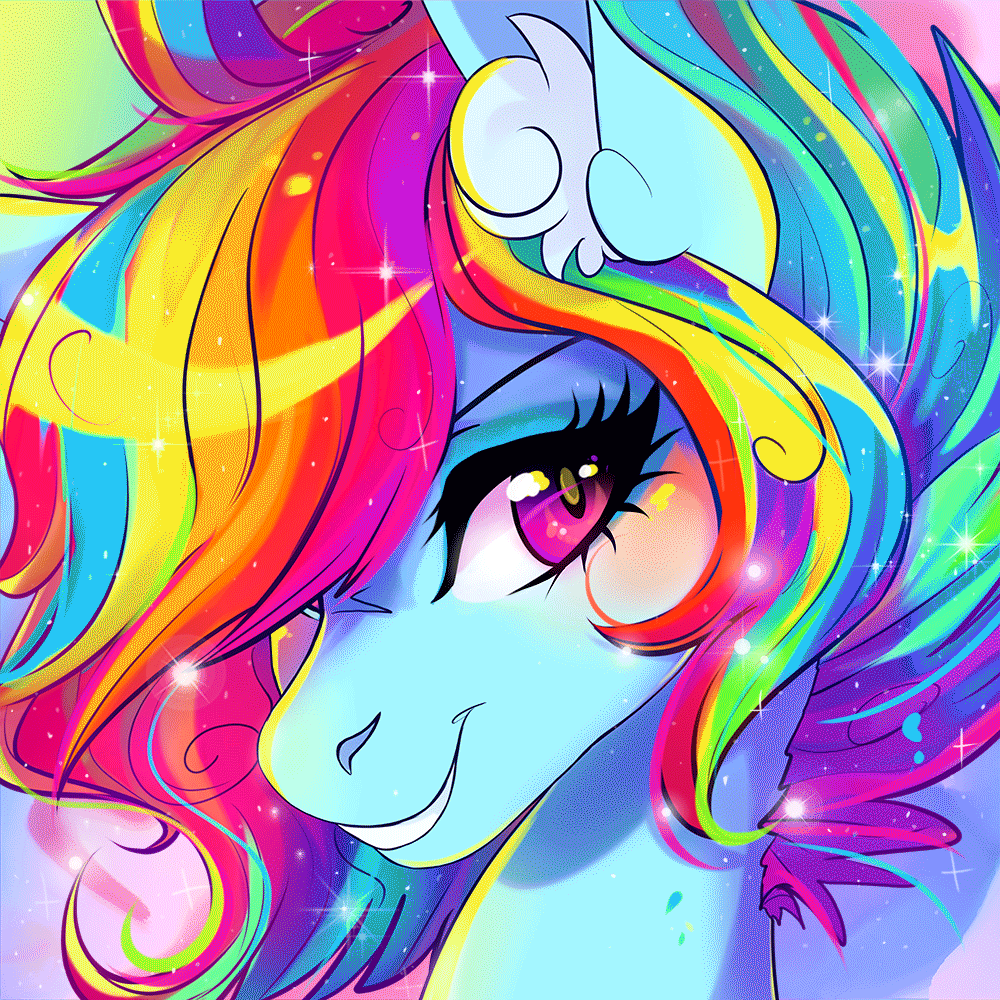 Size: 1000x1000 | Tagged: safe, artist:wilvarin-liadon, character:rainbow dash, species:pegasus, species:pony, animated, beautiful, blinking, blushing, bust, cute, dashabetes, ear fluff, female, looking at you, mare, smiling, solo, sparkles