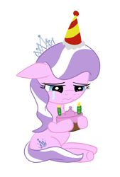 Size: 560x828 | Tagged: safe, artist:elslowmo, character:diamond tiara, cake, clothing, crying, cute, diamondbetes, happy birthday to me, hat, original artist unknown, party hat, sad, tiarabuse