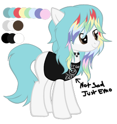 Size: 1283x1358 | Tagged: safe, artist:magicdarkart, artist:space--paws0w0, oc, oc only, oc:dawn (ice1517), species:earth pony, species:pony, choker, clothing, dyed hair, dyed mane, emo, female, mare, reference sheet, shirt, simple background, solo, t-shirt, transparent background, watermark