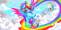 Size: 3464x1732 | Tagged: safe, artist:wilvarin-liadon, character:rainbow dash, species:pegasus, species:pony, cloudsdale, color porn, eyestrain warning, female, flying, needs more saturation, one eye closed, rainbow, solo, wink