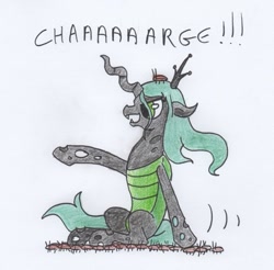 Size: 855x840 | Tagged: safe, artist:kuroneko, derpibooru original, character:queen chrysalis, species:changeling, charge, cockroach, colored pencil drawing, cute, cutealis, female, insect, pointing, raised hoof, simple background, sitting, solo, traditional art, white background