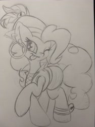 Size: 3024x4032 | Tagged: safe, artist:zemer, character:pinkie pie, ear piercing, earring, gypsy pie, jewelry, monochrome, one eye closed, pencil drawing, piercing, tongue out, traditional art, wink