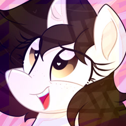 Size: 400x400 | Tagged: safe, artist:lynchristina, oc, oc only, species:pony, species:unicorn, abstract background, bust, commission, digital art, female, freckles, happy, heart eyes, looking up, mare, open mouth, signature, smiling, solo, wingding eyes