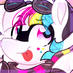 Size: 400x400 | Tagged: safe, artist:lynchristina, oc, oc only, species:pony, abstract background, blep, bust, digital art, female, freckles, gift art, glasses, looking back, mare, signature, silly, smiling, solo, tongue out