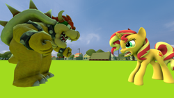 Size: 1920x1080 | Tagged: safe, artist:optimussparkle, character:sunset shimmer, species:pony, species:unicorn, 3d, angry, barely pony related, bowser, crossover, source filmmaker, super mario bros.