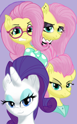 Size: 1200x1920 | Tagged: safe, artist:theroyalprincesses, character:fluttershy, character:rarity, species:pegasus, species:pony, species:unicorn, episode:fake it 'til you make it, alternate hairstyle, clothing, fluttergoth, glasses, goth, hipster, hipstershy, multeity, severeshy, valley girl