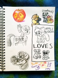 Size: 1280x1707 | Tagged: safe, artist:shoeunit, character:apple bloom, character:applejack, species:earth pony, species:pony, apple, bow, clothing, doll, female, filly, food, hat, panda, sketchbook, toy, traditional art, what if