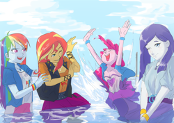 Size: 1024x727 | Tagged: safe, artist:amazingpuffhair, character:pinkie pie, character:rainbow dash, character:rarity, character:sunset shimmer, g4, my little pony: equestria girls, my little pony:equestria girls, bracelet, clothing, commission, female, geode of empathy, geode of shielding, geode of sugar bombs, geode of super speed, jewelry, magical geodes, splash, splashing, water, wet, wet clothes, wet hair