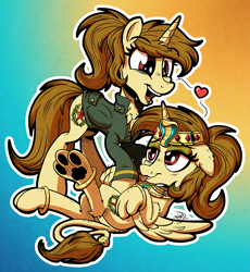 Size: 2617x2847 | Tagged: safe, artist:gray--day, oc, oc only, oc:katya ironstead, species:alicorn, species:pony, species:sphinx, alicorn oc, bellyrubs, chest fluff, clothing, cute, duo, female, jewelry, paws, ponytail, red eyes, self paradox