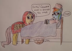 Size: 1238x875 | Tagged: safe, artist:rapidsnap, character:fluttershy, character:rainbow dash, bed, little red riding hood, traditional art, unamused