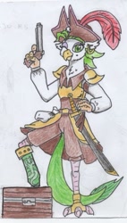 Size: 529x929 | Tagged: safe, artist:kuroneko, derpibooru original, character:captain celaeno, my little pony: the movie (2017), amputee, clothing, colored pencil drawing, female, gun, hat, monochrome, one eye closed, parrot pirates, peg leg, pirate, pirate hat, prosthetic leg, prosthetic limb, prosthetics, simple background, solo, sword, traditional art, treasure chest, weapon, white background, wink