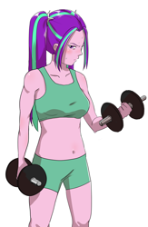 Size: 2105x3227 | Tagged: safe, artist:amazingpuffhair, character:aria blaze, my little pony:equestria girls, belly button, clothing, commission, female, looking at you, midriff, simple background, solo, sports bra, sports shorts, sweat, weight lifting, weights, white background, workout, workout outfit