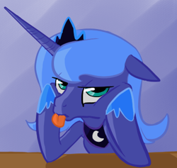 Size: 378x358 | Tagged: safe, artist:elslowmo, character:princess luna, species:alicorn, species:pony, bored, crown, female, floppy ears, hoof shoes, jewelry, lidded eyes, mare, peytral, regalia, s1 luna, solo, tongue out